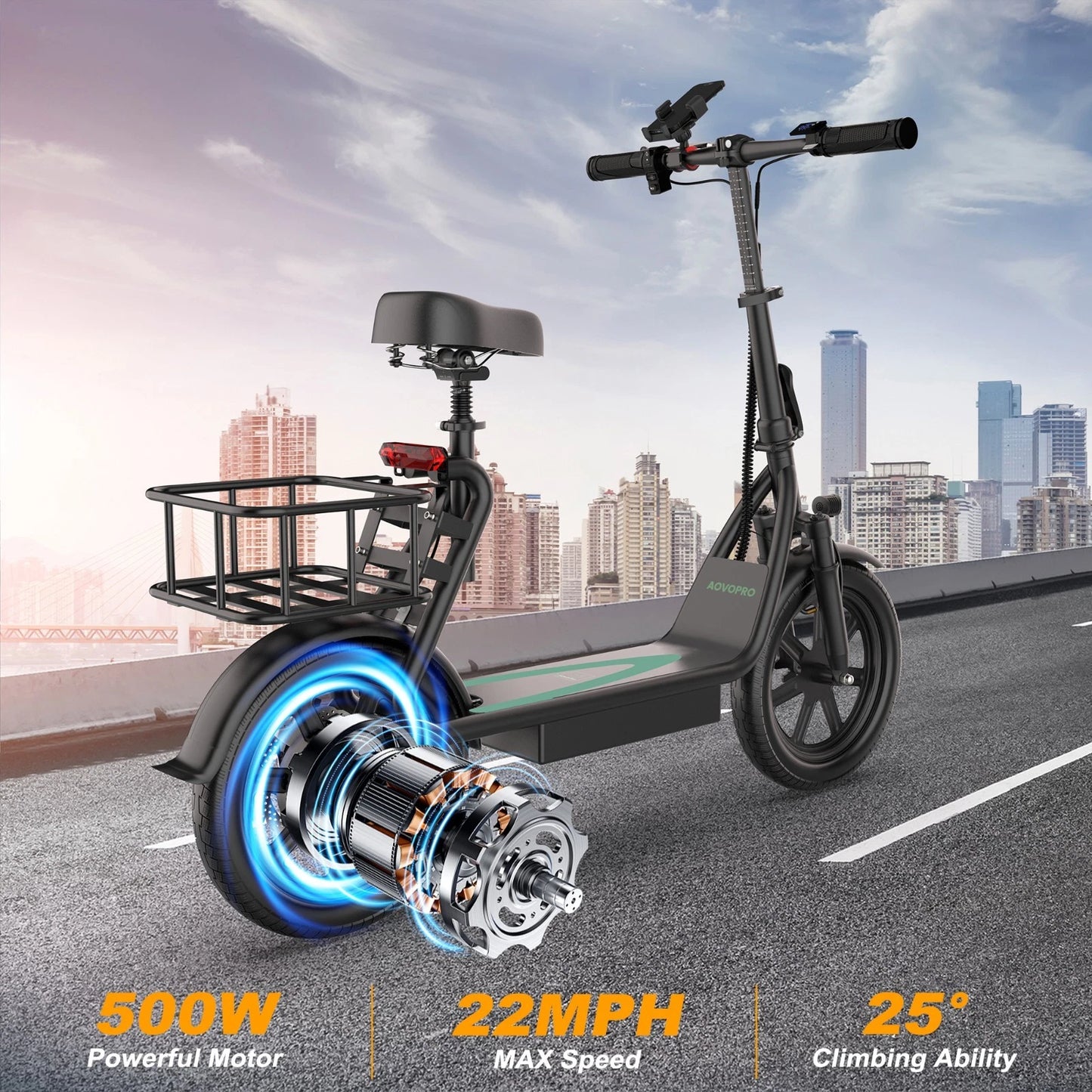 REFURBISHED "A GRADE" - AOVOPRO ESBSPRO Electric Scooter with Seat, Foldable 500W 22.5Ah Battery 22mph